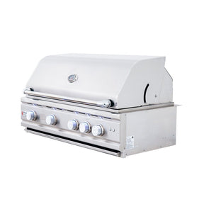 White outdoor grill with control knobs on a white background
