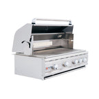 Stainless steel grill with four control knobs on a white background