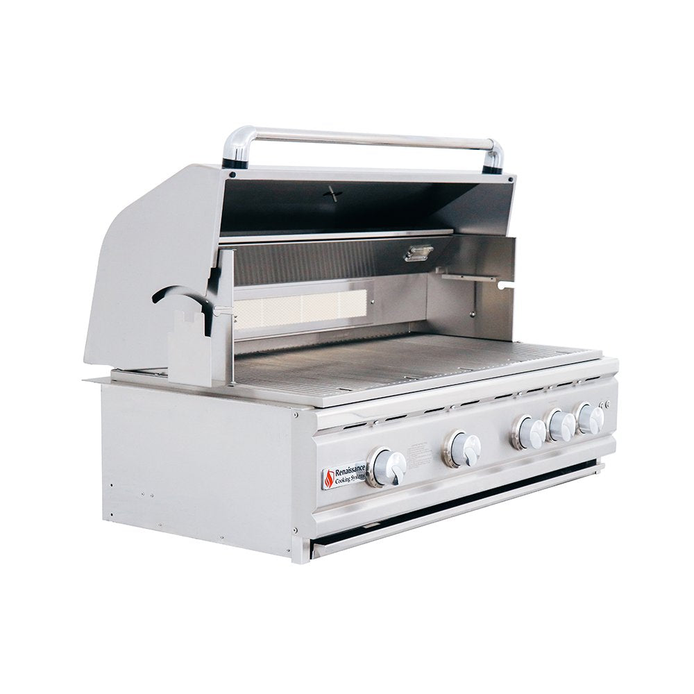 Stainless steel grill with four control knobs on a white background