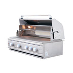 Stainless steel grill with open lid on a white background
