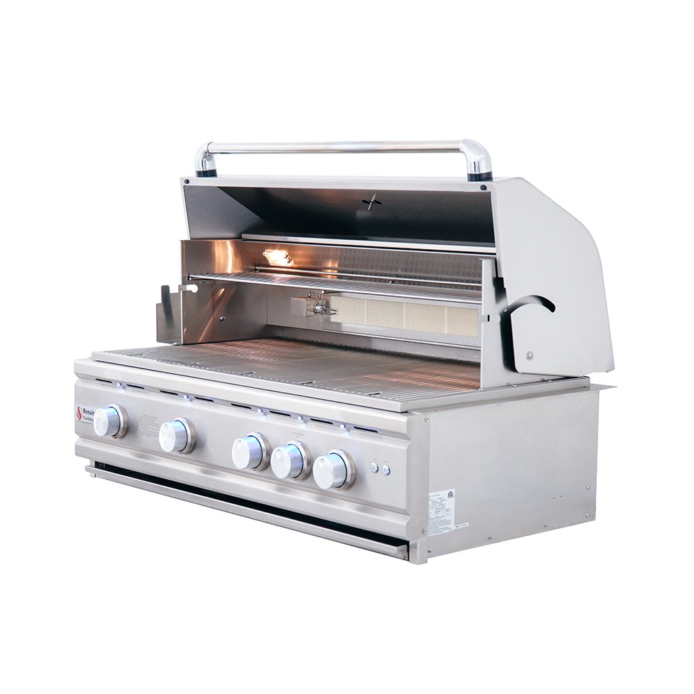 Stainless steel grill with open lid on a white background