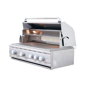 Stainless steel grill with open lid on a white background