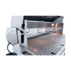 Stainless steel grill with glowing heating elements on a white background