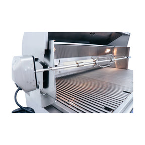 Stainless steel grill with glowing heating elements on a white background
