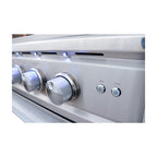 Close-up of a stainless steel appliance with control knobs and LED light indicator.