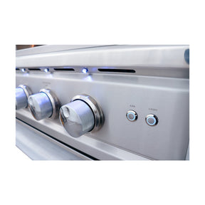 Close-up of a stainless steel appliance with control knobs and LED light indicator.