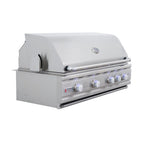 Stainless steel grill with four control knobs on a white background