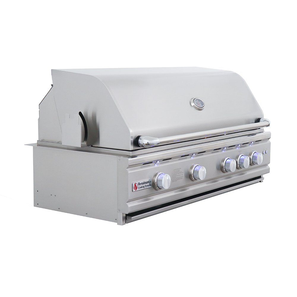 Stainless steel grill with four control knobs on a white background