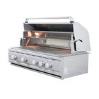 Stainless steel grill with open lid on a white background