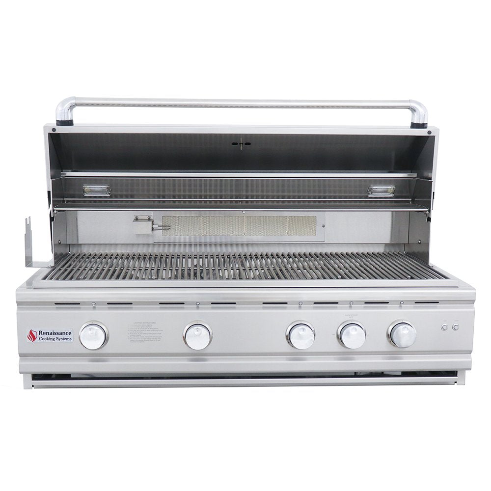 Stainless steel grill with four control knobs on a white background