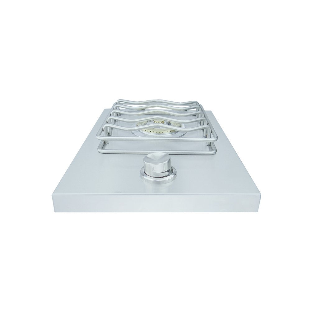 Stainless steel gas stove burner on a white background