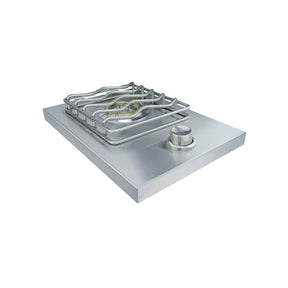 Stainless steel gas cooktop on a white background