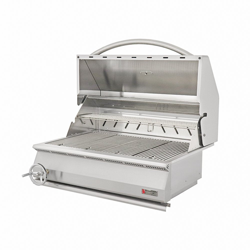 Stainless steel outdoor gas grill with open lid, side burner, and control knob for backyard BBQ cooking