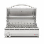 Stainless steel grill with brand logo on a white background