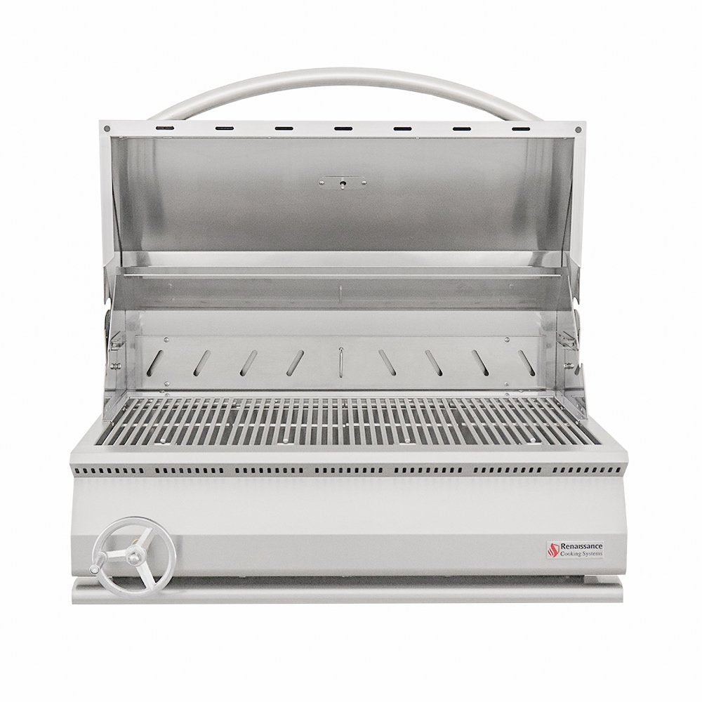 Stainless steel grill with brand logo on a white background