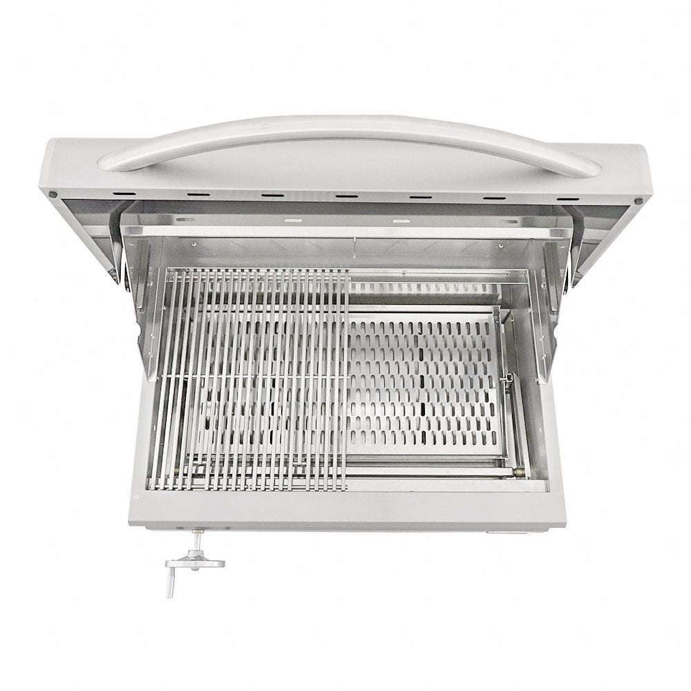Stainless steel ceiling-mounted range hood on a white background