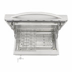 Stainless steel ceiling-mounted range hood on a white background