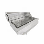 Stainless steel grill with open lid on a white background