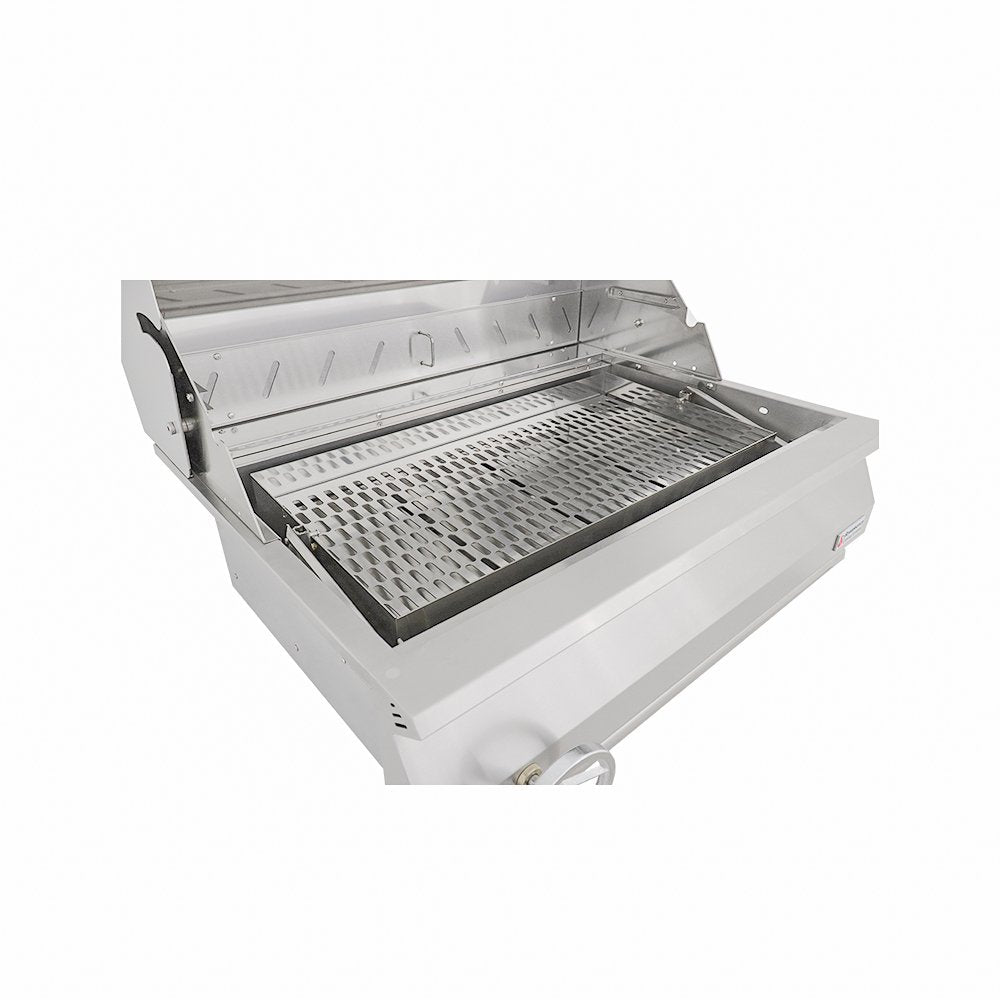Stainless steel grill with open lid on a white background