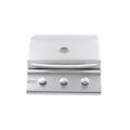 Stainless steel grill with three control knobs on a white background