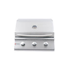 Stainless steel grill with three control knobs on a white background