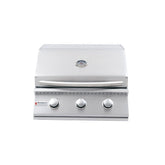 Stainless steel grill with three control knobs on a white background