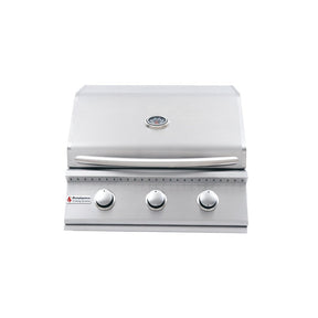 Stainless steel grill with three control knobs on a white background