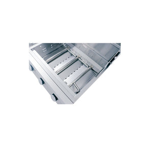 Stainless steel kitchen drawer with two compartments on a white background