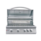 Stainless steel grill with four control knobs on a white background
