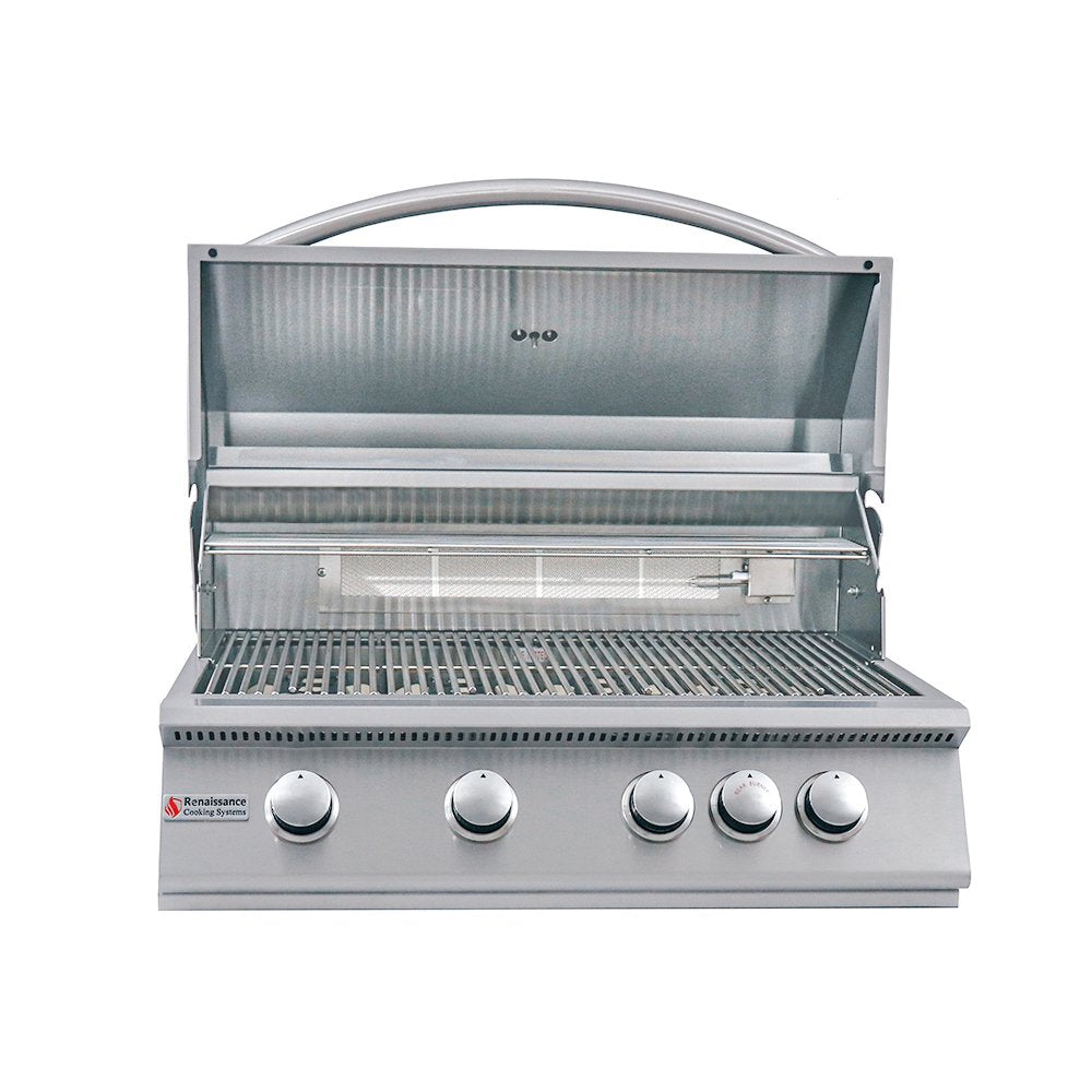 Stainless steel grill with four control knobs on a white background