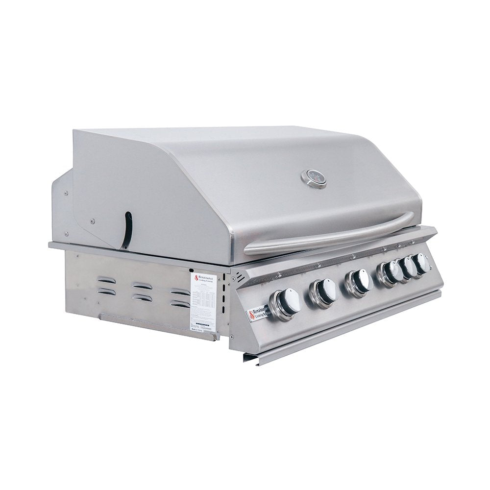 Stainless steel grill with four control knobs on a white background