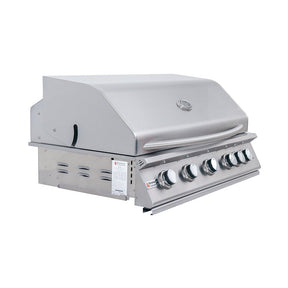 Stainless steel grill with four control knobs on a white background