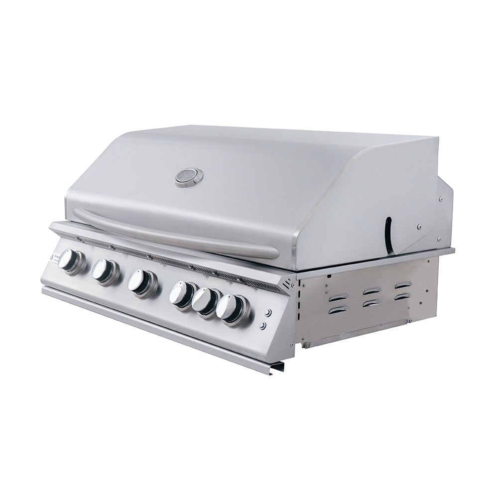 Stainless steel grill with control knobs on a white background