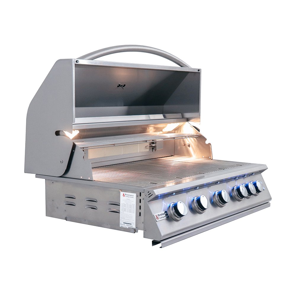 Stainless steel grill with open lid on a white background