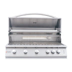 Stainless steel grill with four control knobs on a white background