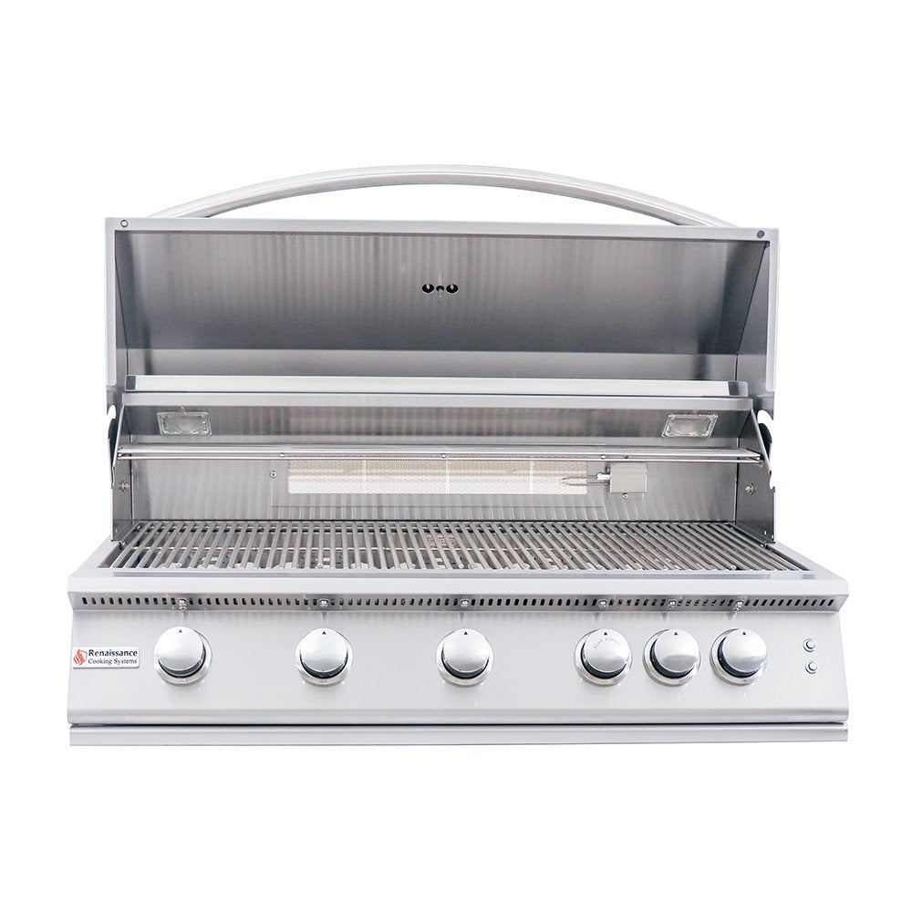 Stainless steel grill with four control knobs on a white background