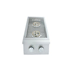 Stainless steel gas cooktop with two burners on a white background