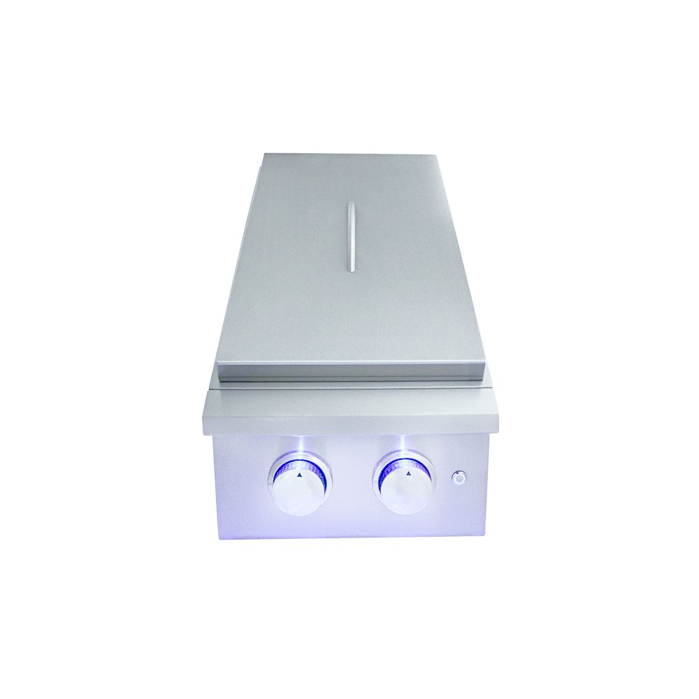 Stainless steel Side Burner with two control knobs on a white background