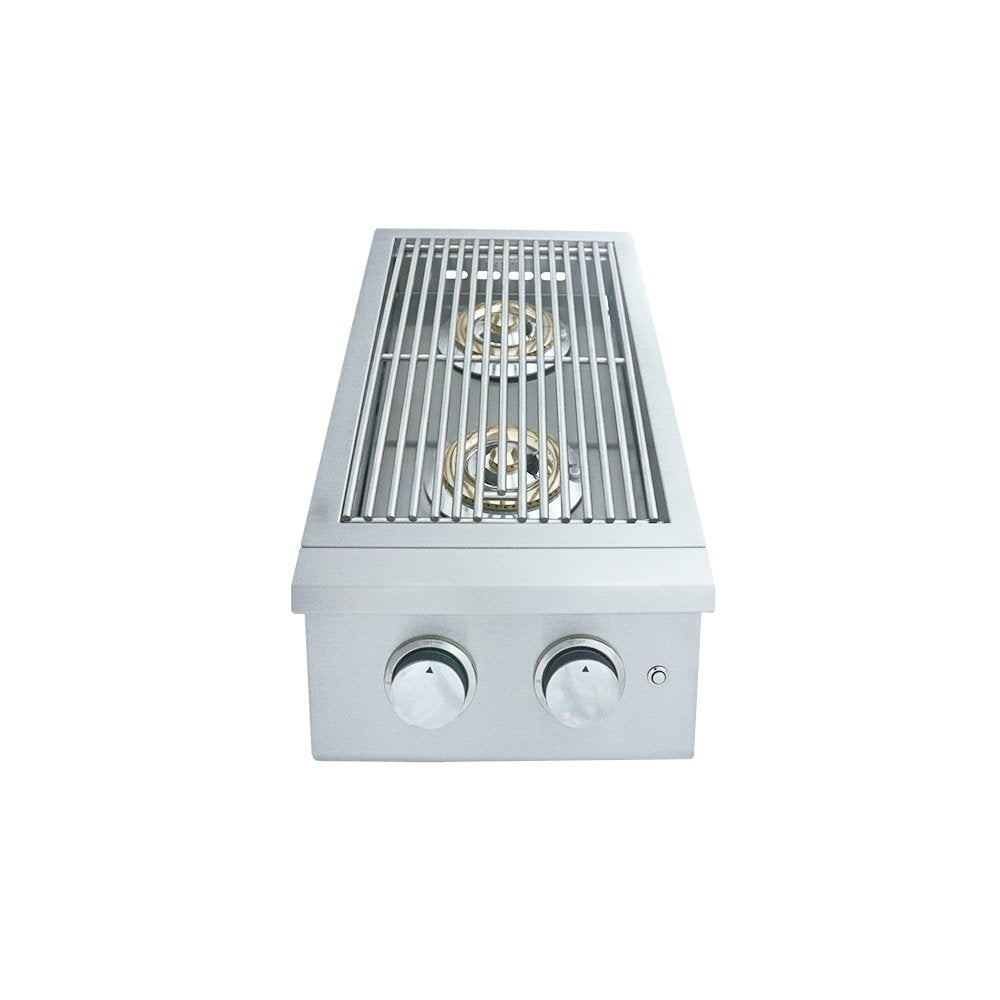 Stainless steel gas cooktop with two burners on a white background
