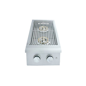 Stainless steel gas cooktop with two burners on a white background