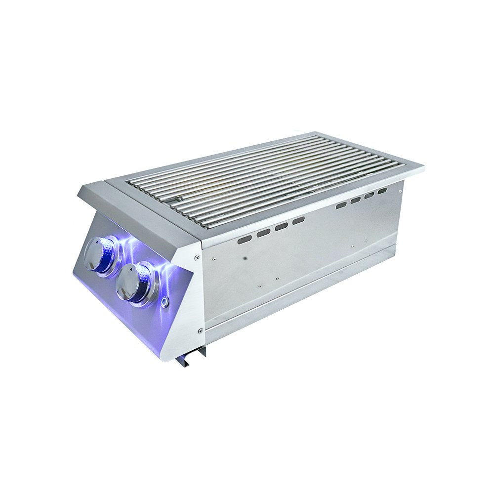 Stainless steel outdoor Side Burner with glowing purple lights on a white background