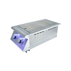 Stainless steel outdoor Side Burner with glowing purple lights on a white background