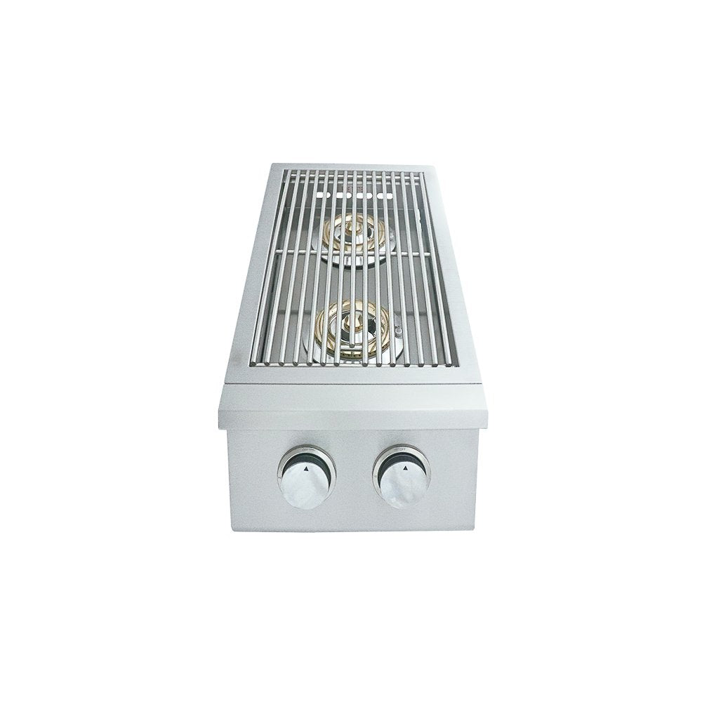 Stainless steel gas cooktop with two burners on a white background