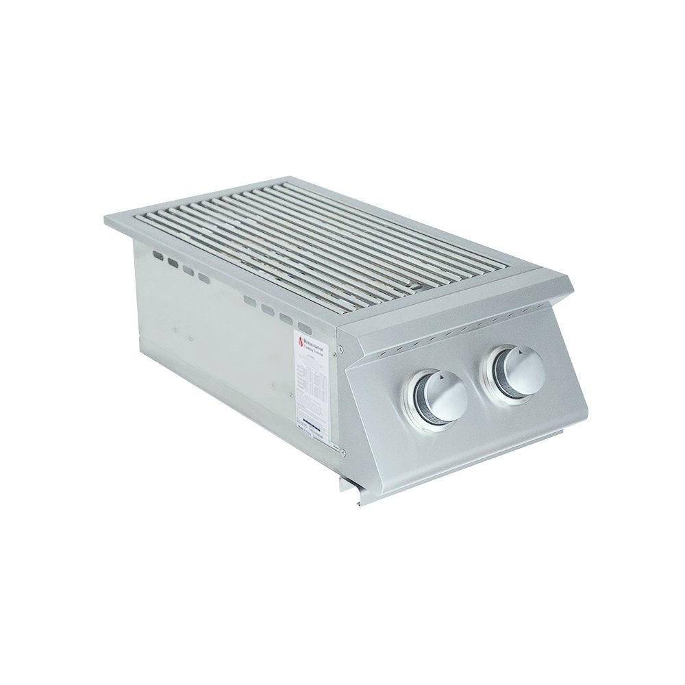 Stainless steel outdoor Side Burner with two knobs on a white background