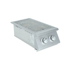 Stainless steel outdoor grill with two knobs on a white background