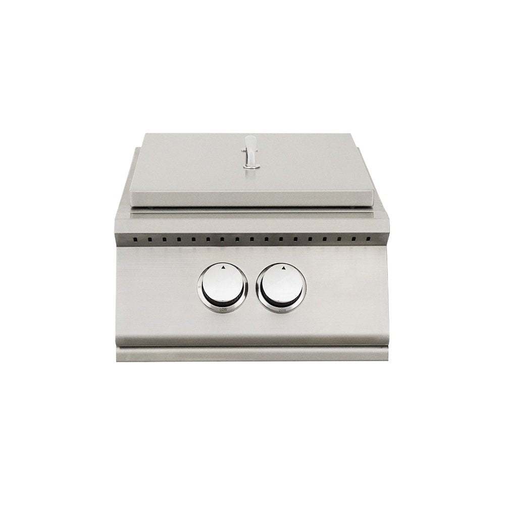 Stainless steel Burner with two control knobs on a white background