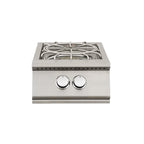 Stainless steel gas cooktop with two knobs on a white background