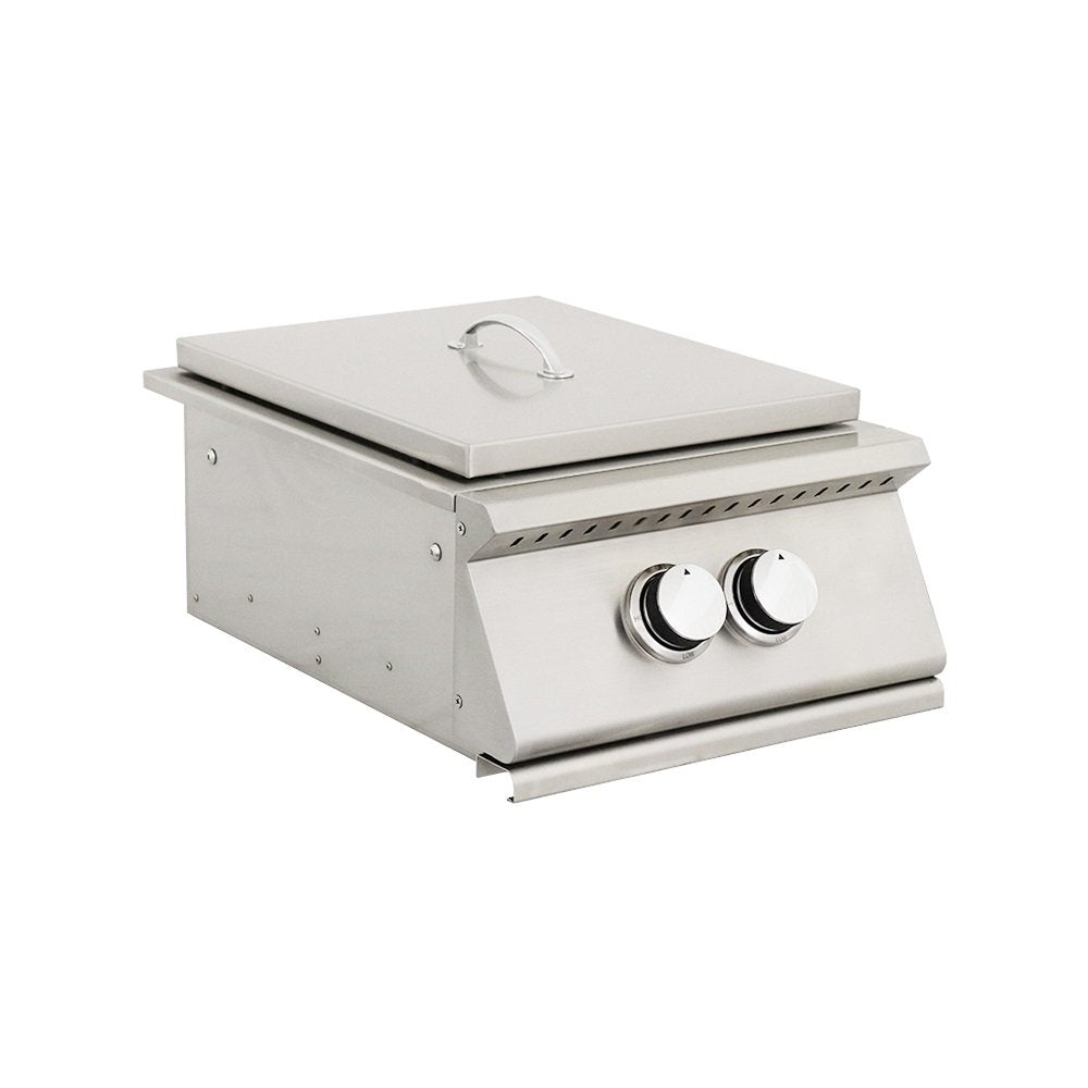 Stainless steel Burner with two knobs on a white background