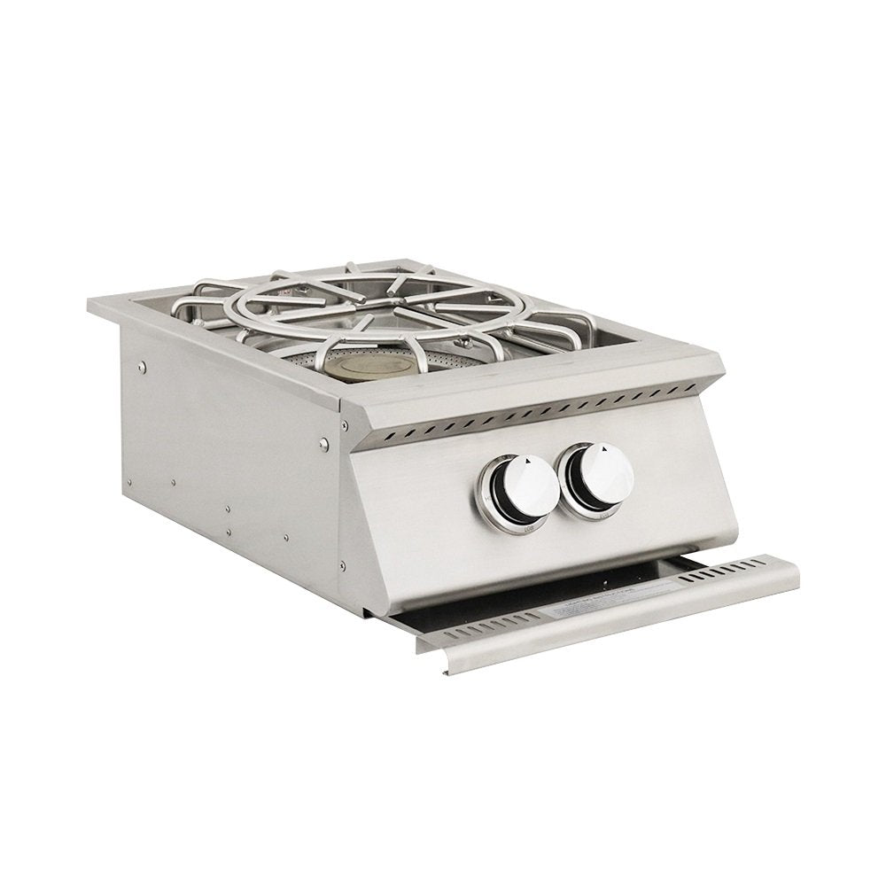 Stainless steel outdoor cooking station with two burners on a white background