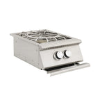 Stainless steel outdoor cooking station with two burners on a white background